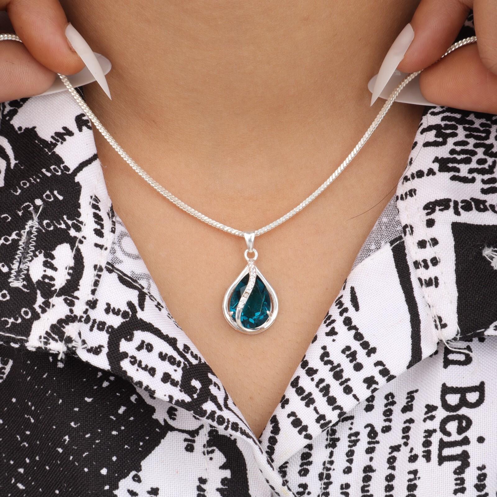 

Blue Apatite Gemstone Zircon Pendant 925 Sterling Silver Jewelry Women Necklace CZP-7-2