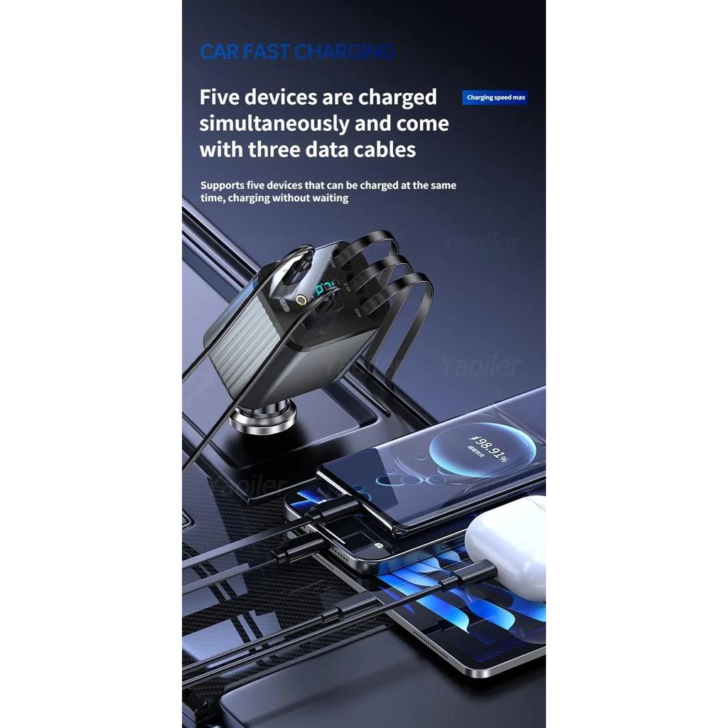 120W Retractable Car Charger Adapter, 5-in-1 Fast Charging USB C Starry Sky Phone Charger with 3 Retractable Cables,for IPhone