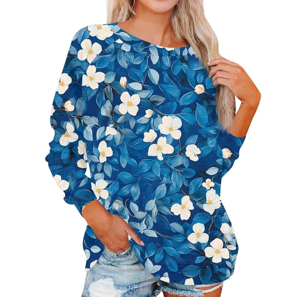 Damen Modisches Rundhals Schulter Langarm Bedrucktes Lässiges Pullover-Oberteil