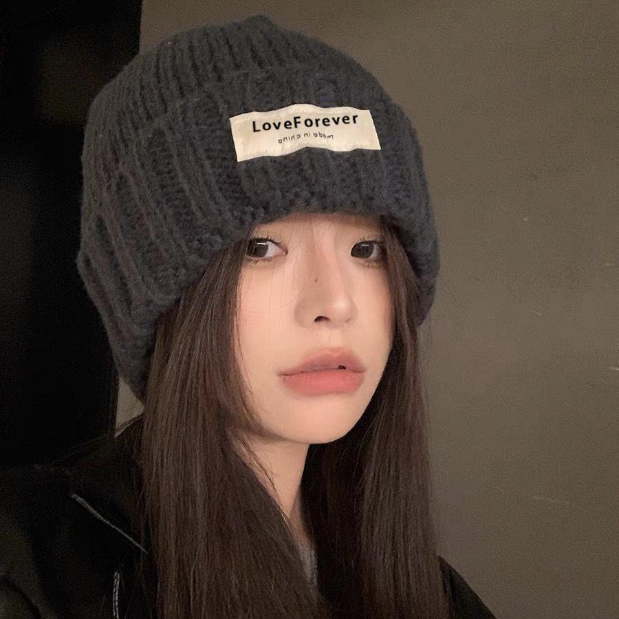 Korean Style Brand Letter Patch Wool Hat for Women Autumn and Winter Japanese Versatile Warm Knitted Hat Couple Student Pullover Hat