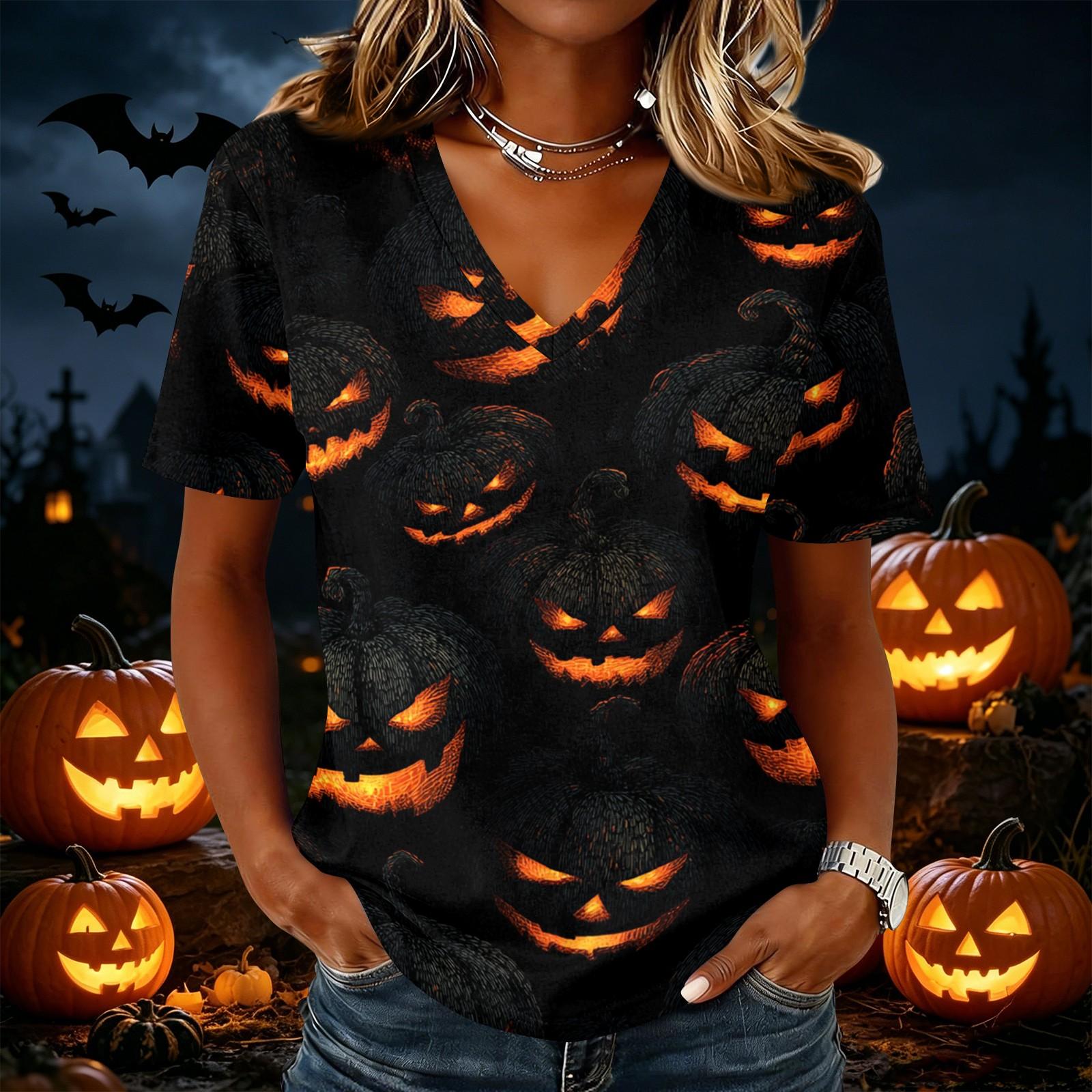 Women s Halloween Print V-Neck Short Sleeve Casual Pullover Top L