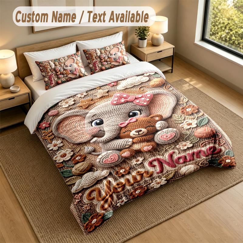 Set Biancheria da Letto Personalizzato a Tema Elefante 3 Pezzi Testo e Nome Personalizzati 1 Lenzuolo 2 Federe Biancheria da Letto per la Casa 1 pezzo