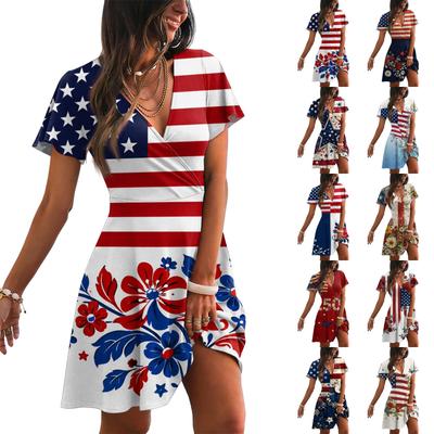 Women’s Short Sleeve V Neck 4th of July Dresses Floral Print Flag Pattern Independence Day Dress Casual Loose Fit Summer Dress