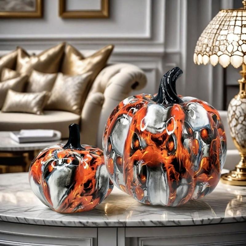 Hall Cabinet Skull Pumpkin Figure with Paint Pattern for Holiday Indoor Shelf Table Room for Mantels Entryway and Home