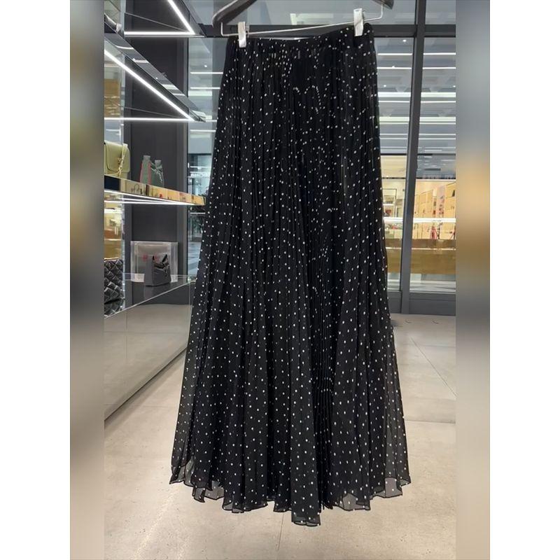 [in Stock] 2026 Autumn New Black Polka Dot High-Waisted Slimming Pleated Skirt for Women, Fairy-Like A-Line Skirt Black Polka Dot Skirt S