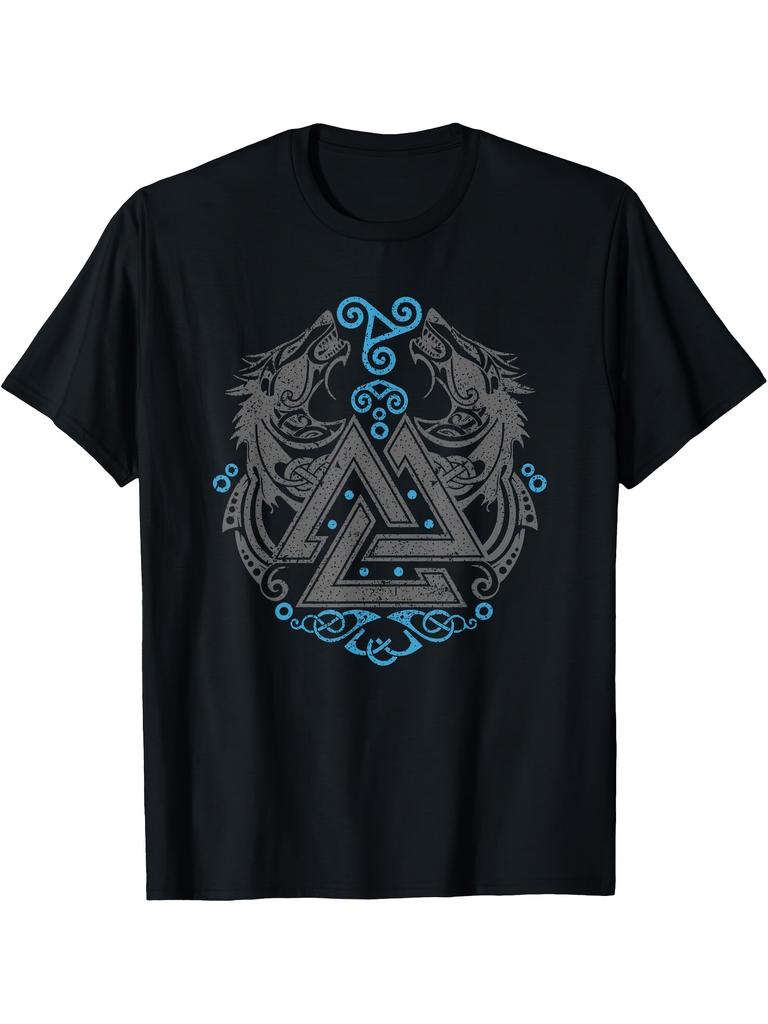 Valhalla Wolf Wolves Nordic Warriors Runes Valknut Symbol- 100% cotton summer short-sleeved O-neck T-Shirt .