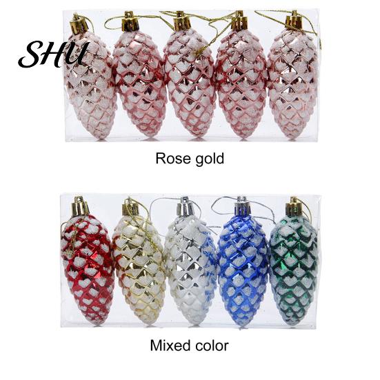 Pine Cone Hanging Ornament 5Pcs Christmas Plastic Colorful Shiny Glitter Pendant for Holiday Party Classic Shape Scene Layout Tree Decoration