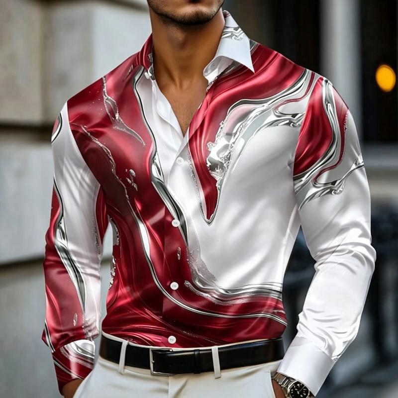 Camisa de Manga Larga Estampada con Arte Fluido de Mármol para Hombre Lujo Resort Nightclub Uso Diario Cuello Botón Top para Hombre Camisa de Moda