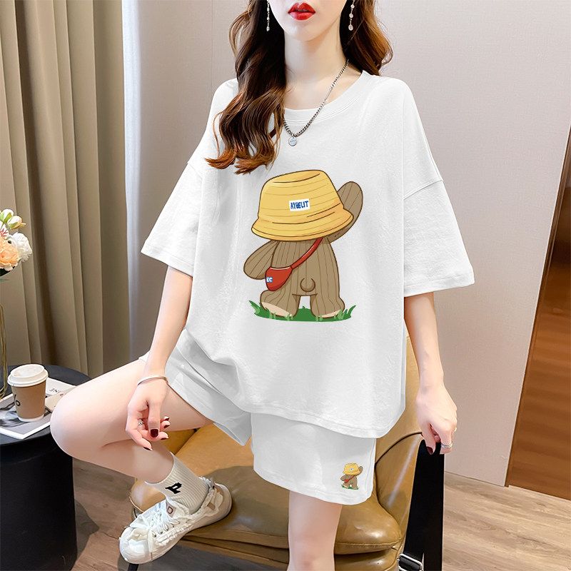 Pure Cotton Short Sleeve Short Pants Suit Women's Summer Plus Size Plus Size Ladies Loose Fashion Casual Sports Style Wear a Set of Fashion
