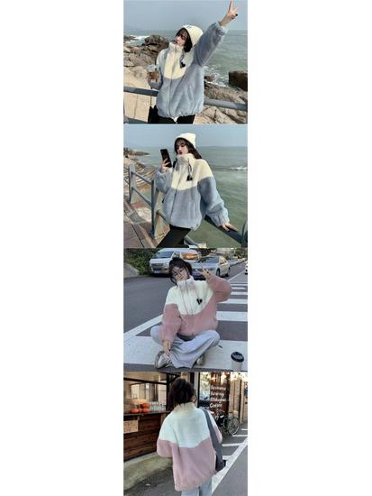 Damen Lammwollmantel - Locker, verdickt Patchwork für Herbst/Winter 2025, Koreanischer Stil für Studentinnen