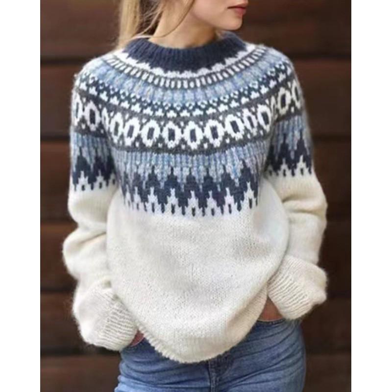 Women's Winter Design Plus Size Pattern Knitted Sweater Long Sleeve Casual Pullover Tops