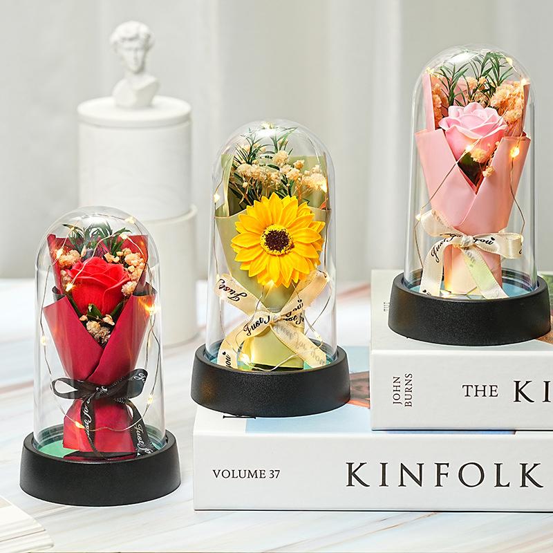 1 Set Valentine'S Day Christmas Home Decor Gift Everlasting Rose Led Acrylic Dome Bouquet Romantic Illuminated Ornament