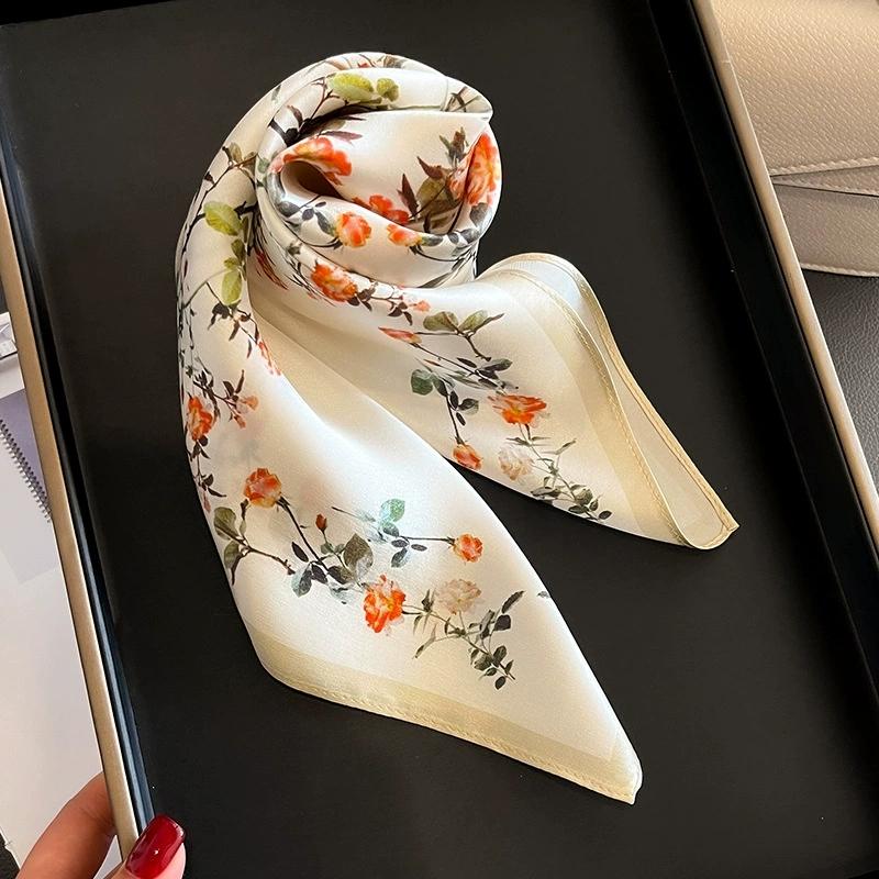 Autumn/Winter New Oil Painting Silk Square Scarf for Women Floral Printed Mulberry Silk Hairband Neckerchief for Women