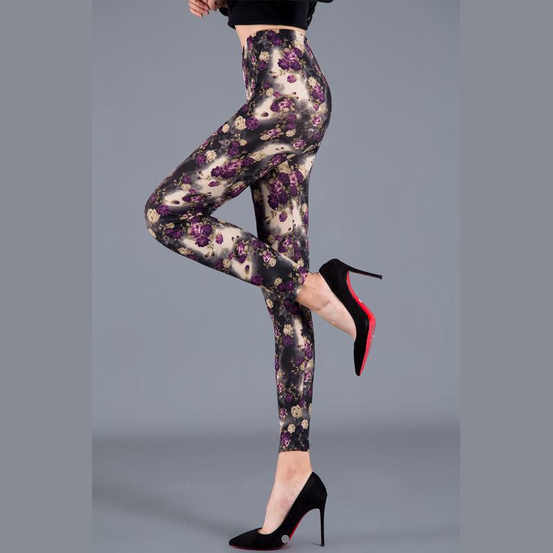 2023 Trendy Floral Print Slim Fit Milk Silk Leggings for Women - Plus Size, Elastic, Outerwear