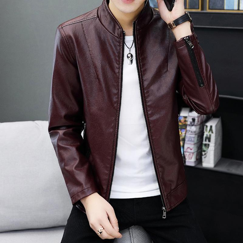 Off-season strict selection of men's PU leather jacket, spring and autumn Korean trend velvet thickened handsome locomotive leather jacket men's cloth