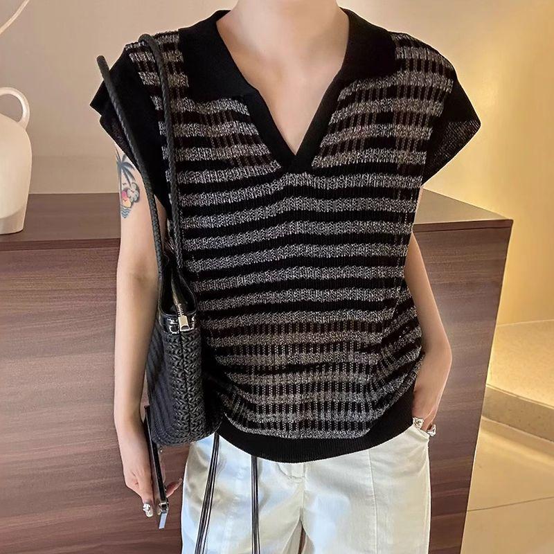 T-shirt à revers à manches courtes et blocs de couleurs tendance pour femmes, été nouveau style, haut tricoté élégant et amincissant