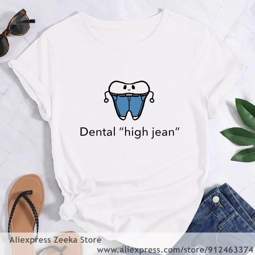 Zahn und Zahnarzt Grafik Ästhetik Frauen Lustige Print Damen T-shirt Mädchen Y2K Harajuku Basis O-kragen Weißes Hemd Kurze