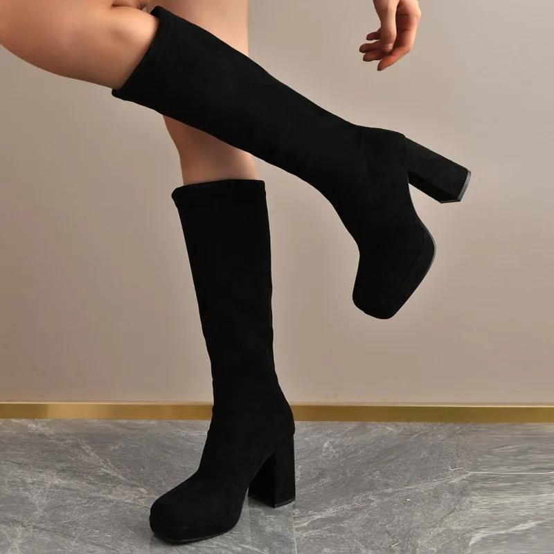 2025 Winter New Brand Women Boots Fashion Round Toe Slip on Knee-high Boots Square High Heel Long Boots Shoes Ladies Black