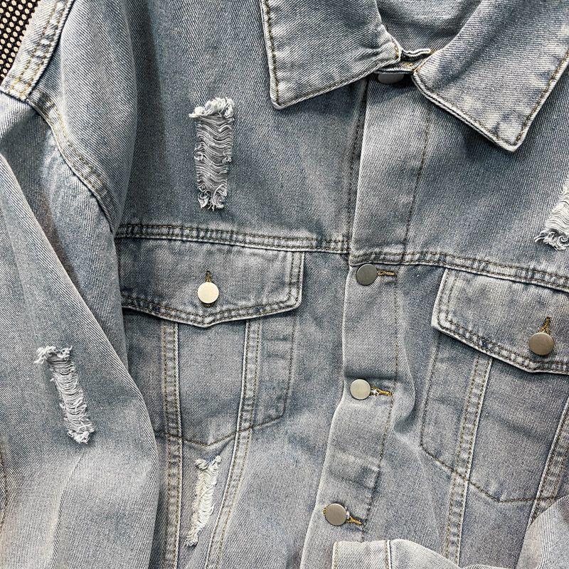 Korean Version of INS Spring and Autumn Letter Print Ripped Denim Jacket Men's American Street Tide Brand Ruffian Handsome Loose Top