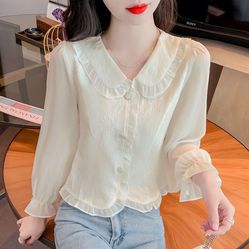 

Весна 2024 Приталенная блузка из шифона с длинными рукавами и воротником Питер Пэн в стиле пэчворк Small белый