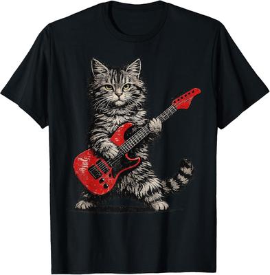 Humorous Cat Playing Guitar Rock and Roll T-Shirt for All Ages