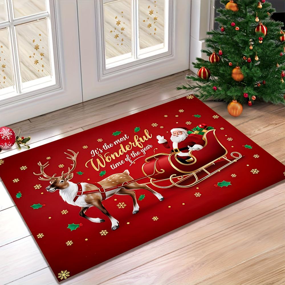 1Pcs Christmas Kitchen Rug, Santa Claus Reindeer Print Floor Mat, Non Slip Washable Carpet, Holiday Decorative Rug for Kitchen Entryway Home Decor