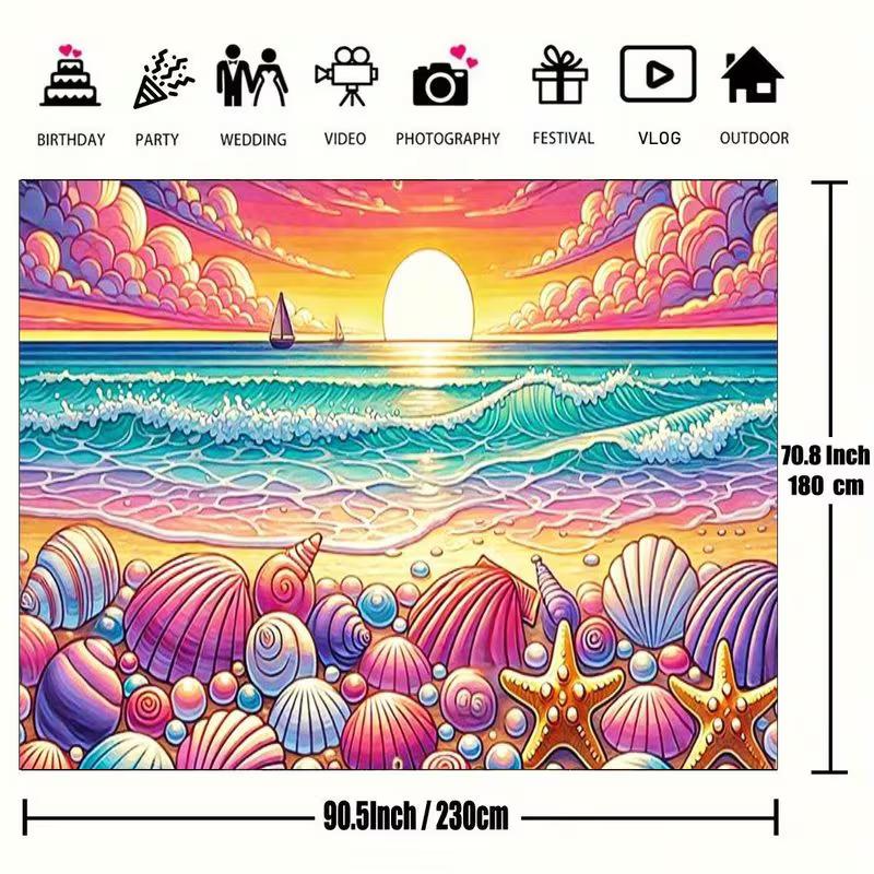 2D Ocean Party Backdrop, Colorful Seashell Beach Sunset Background for Studio