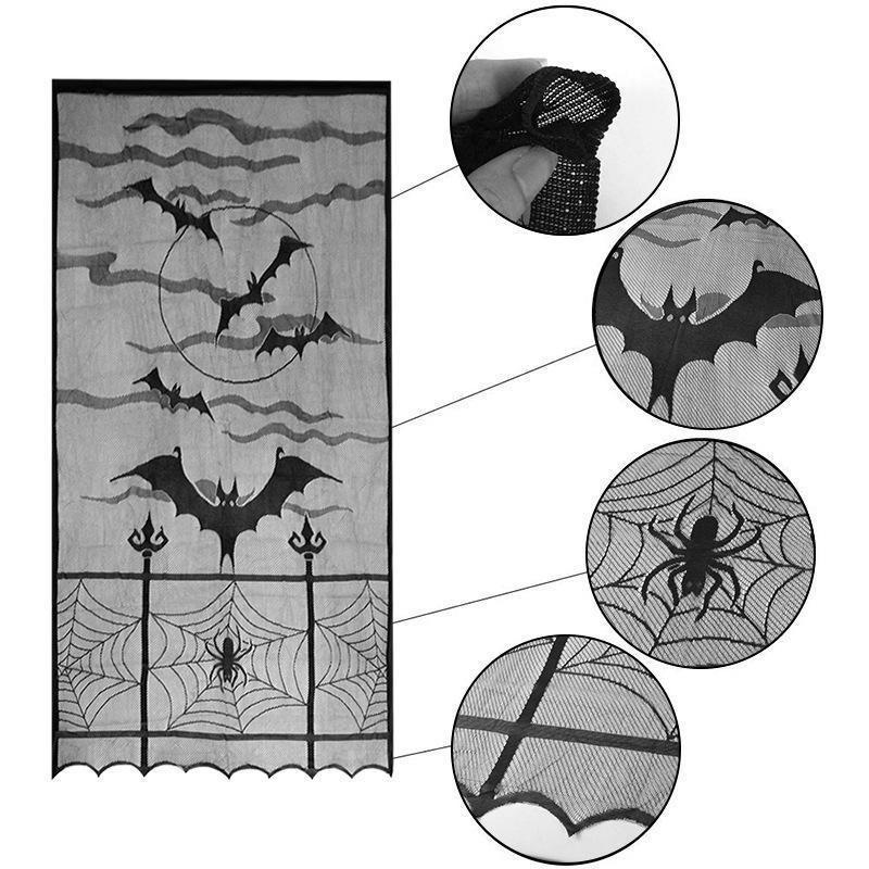 Window Spider Witch Bat Skull Door Curtain Halloween Ghost Festival Black Lace Curtain Halloween Atmosphere Decoration Family Gathering Decoration