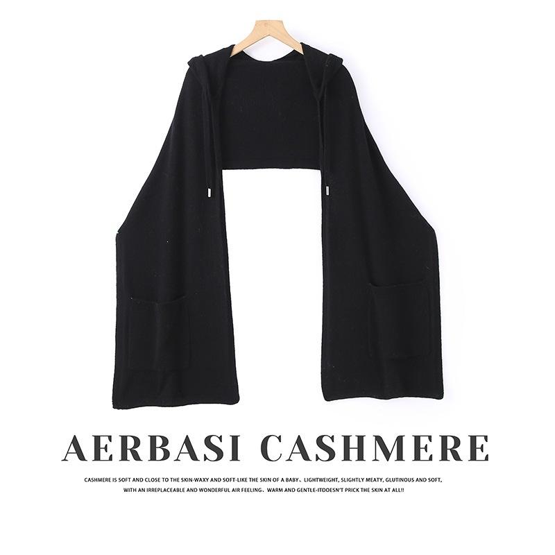 Autumn and winter new high-count high-density belt pocket solid color cashmere knitted scarf belt pocket comfortable women's shawl hat integrated