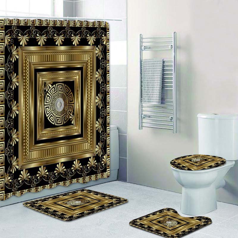 Geometric Grecian Key Meander Mandala Pattern Shower Curtain And Rug Set Abstract Geometric Bathroom Mats Rugs Toilet Decor Mat