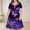Women Plus Size Two Piece Dress Set V Neck Short Sleeve Silver Drips Printed Black Flared Dress