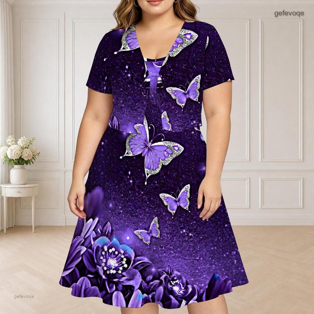 Women Plus Size Two Piece Dress Set V Neck Short Sleeve Silver Drips Printed Black Flared Dress