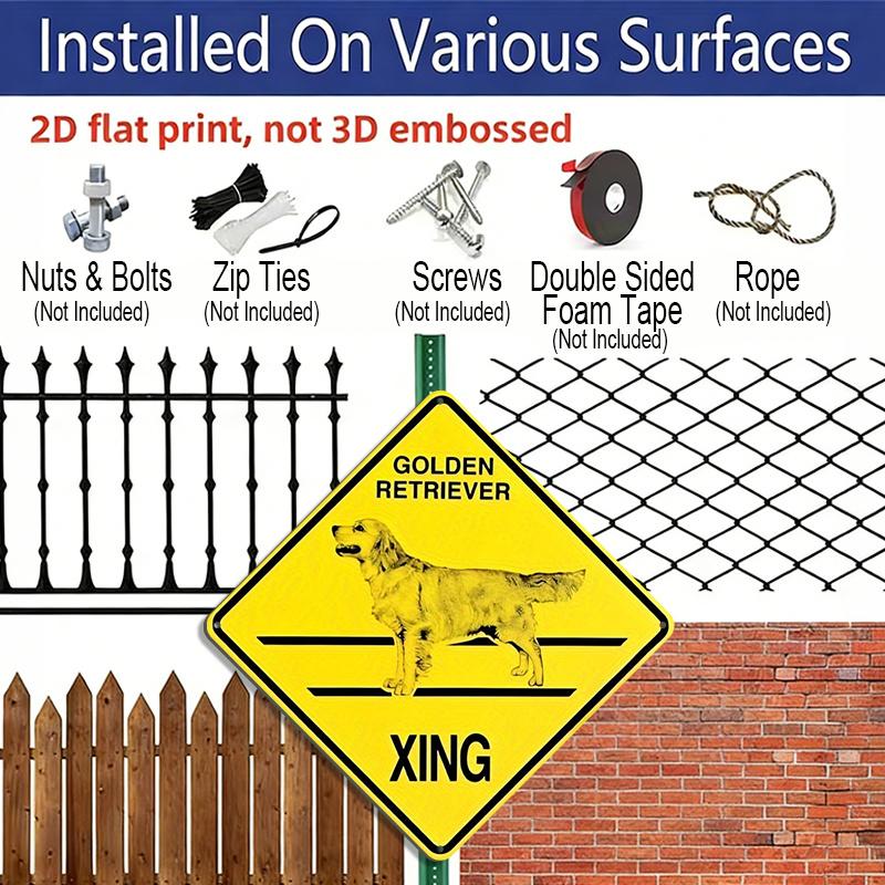 2D Flat 1pc Golden Retriever Crossing Sign - Pet Owner Gift, Vintage Caution Decoration - Bright Yellow & Black Metal Tin Poster - Indoor/Outdoor