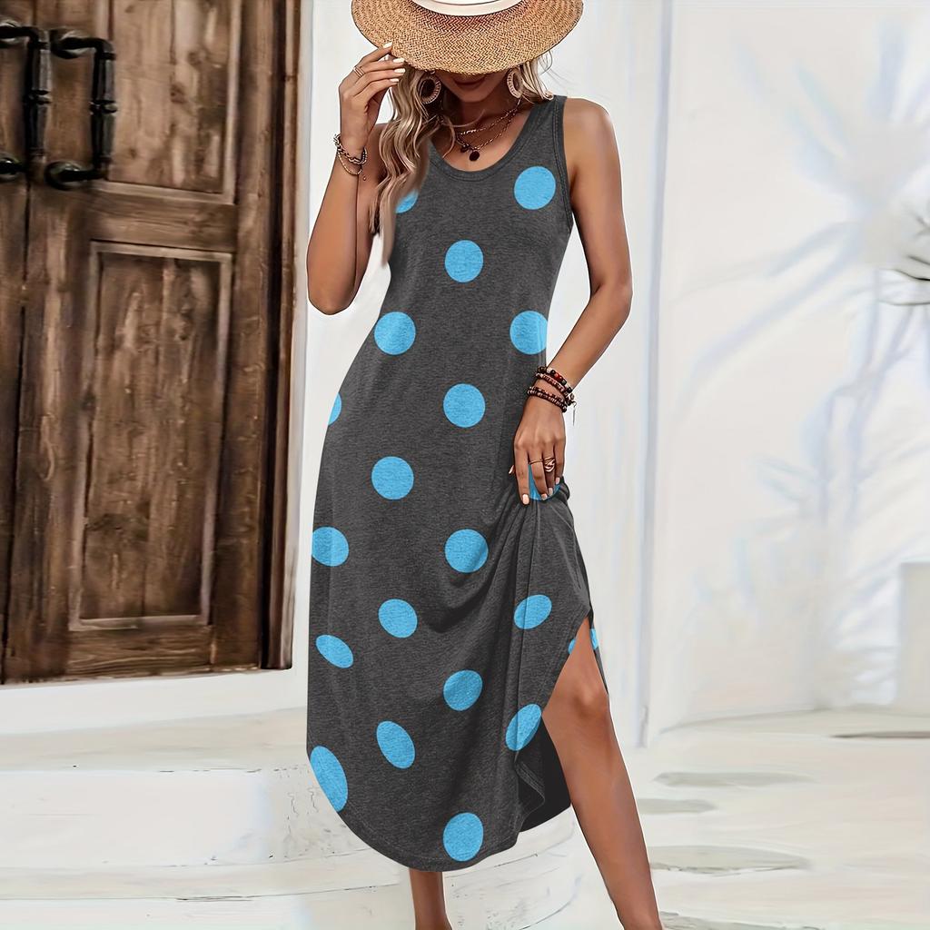 Damen ärmelloses lässiges Maxikleid lockere Passform lang mit Polkapunktdruck Sommerkleid seitlicher Schlitz leichtes bequemes Kleid