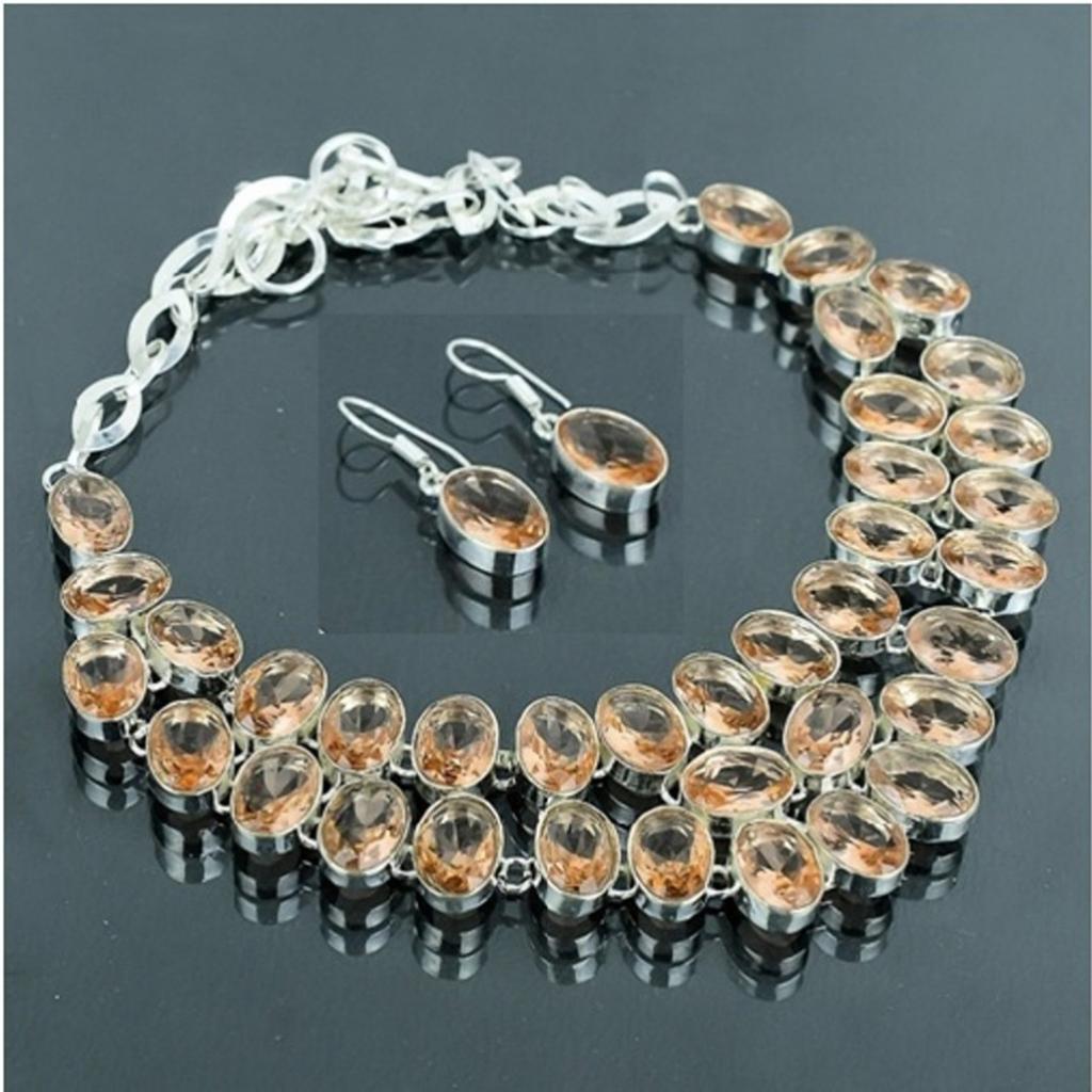 Morganite Oval Shape Gemstone Jewelry Set Handmade Beautiful Necklace Earrings