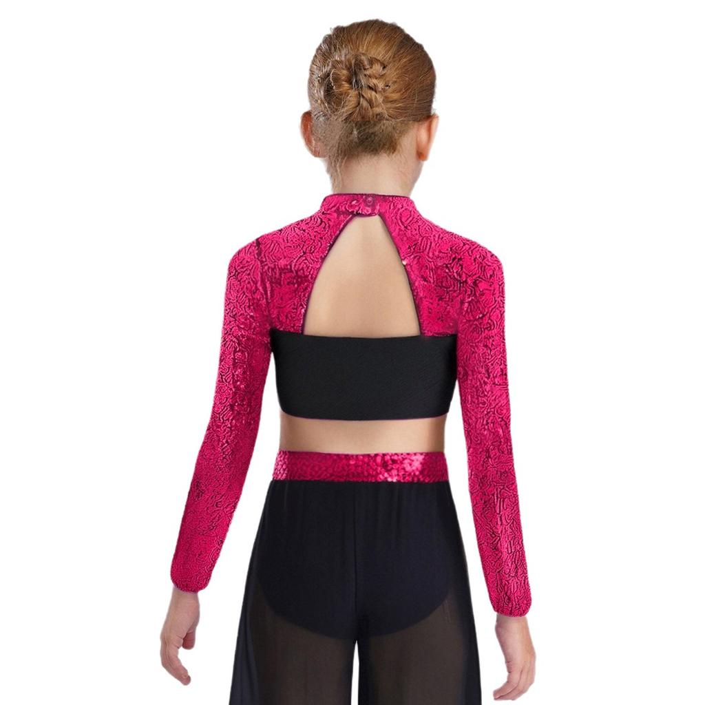 Mädchen Rollkragen Langarm Pailletten Strass Crop Top Cutout Rücken Druckknopf Tanz Top