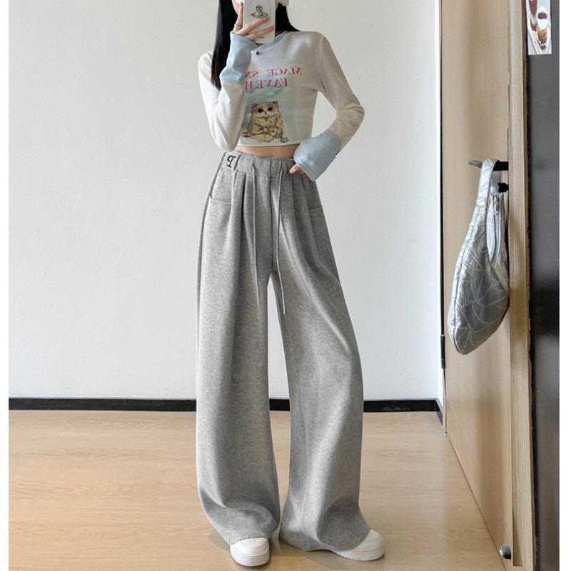 Embroidered wide-leg pants women's autumn new lazy wind high waist loose straight casual mopping long pants