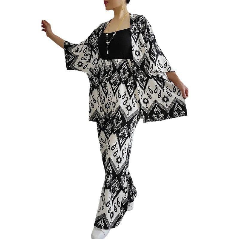 Tem Women's 2024 Summer New Loose Large Size Printed Medium Sleeve Shirt Wide Leg Pants Casual Suit Women