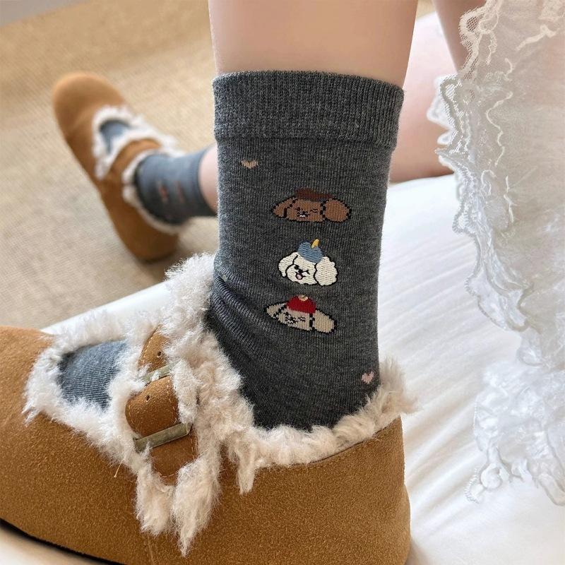 Little Dog Embroidered Socks, Pure Cotton Mid-calf Socks for Women, Boneless Anti-poughing, Cute Cartoon Pile Socks