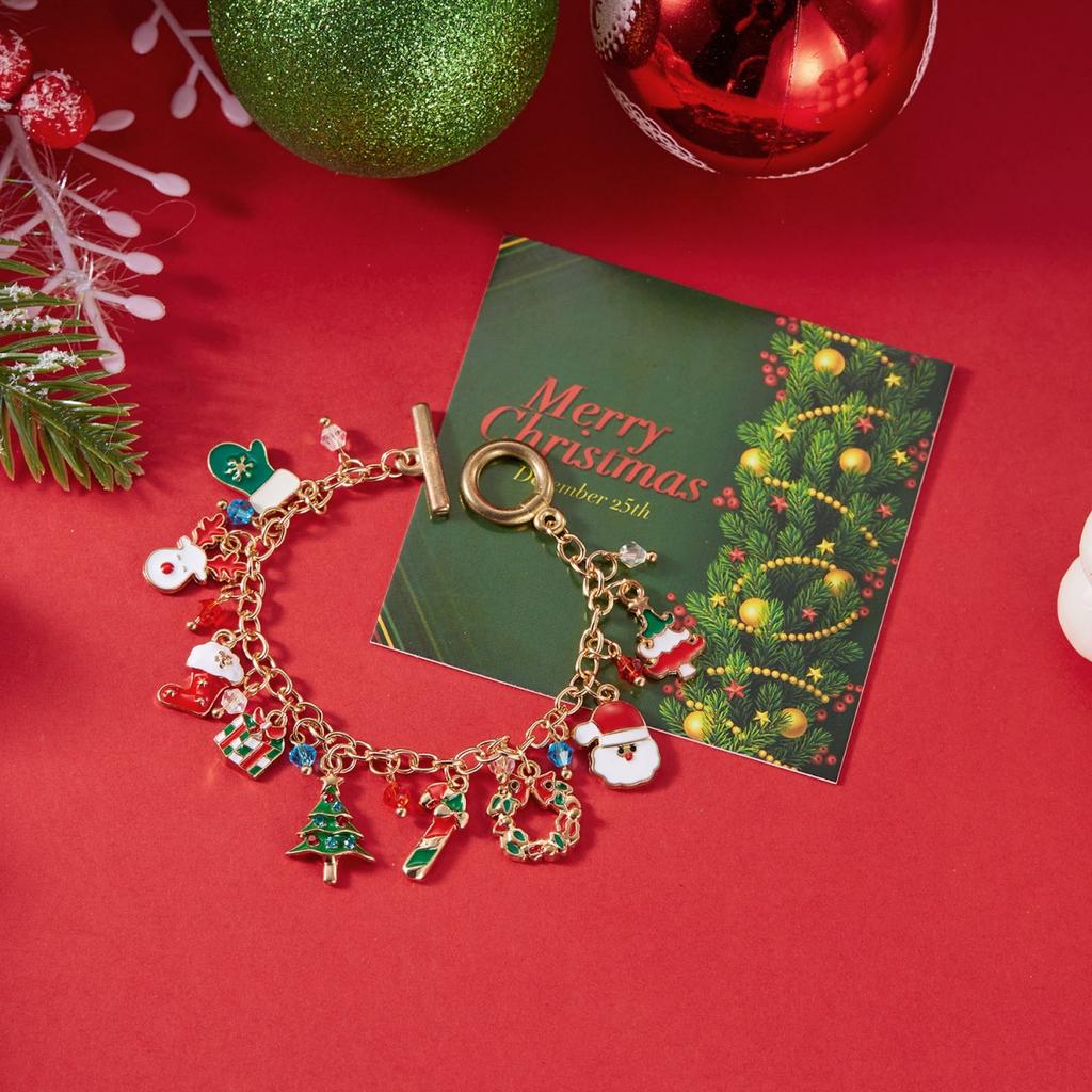 Christmas Santa Claus Snowman Tree Sock Pendant Bracelet Hat Deer Wreath Crystal Beads Tassel Bangle For Women Men Jewelry Gift