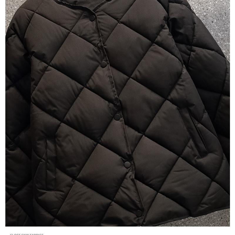 Women's Short Cotton Jacket, Diamond Patterned Down, Collarless, Winter Coat, Slim Fit Long Sleeved Pocket Details