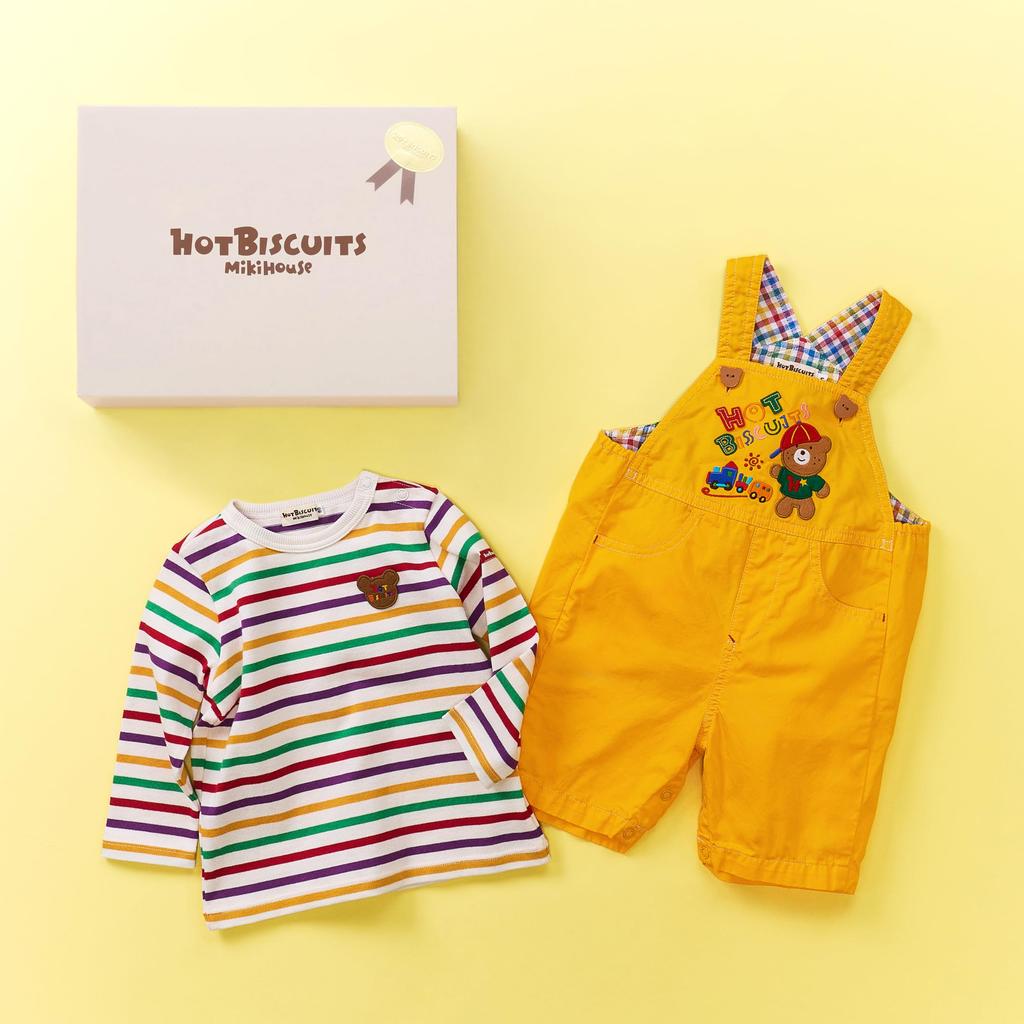 MIKI HOUSE HOT BISCUITS Overalls Gift Set for Boys and Girls, Baby Clothes, Baby Gift, Yellow, Size S (70-80cm), 74-9936-145, Box Included