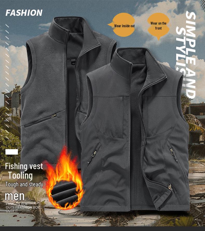 Gilet de pêche imperméable et coupe-vent double face pour homme avec doublure en velours