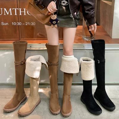 Eversion Suede Lamb Wool Flat-bottomed Knight Boots 2025 Autumn and Winter New Thickened Versatile Velvet Snow Knee Boots Women