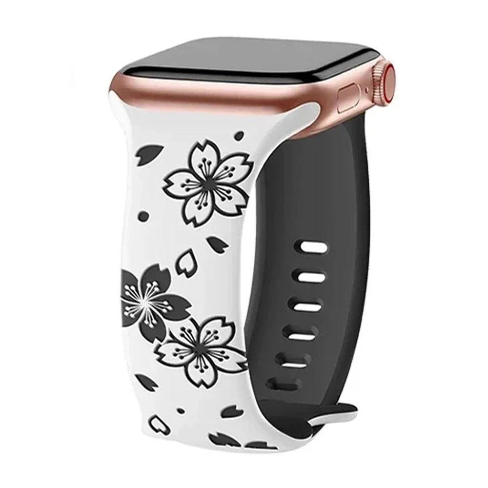 Silicone Band Engraved Floral Strap for Apple Watch 38mm 40mm 41mm 42mm 45mm 46mm 49mm iWatch Series 11 10 9 8 7 6 5 4 3 2 1 Se
