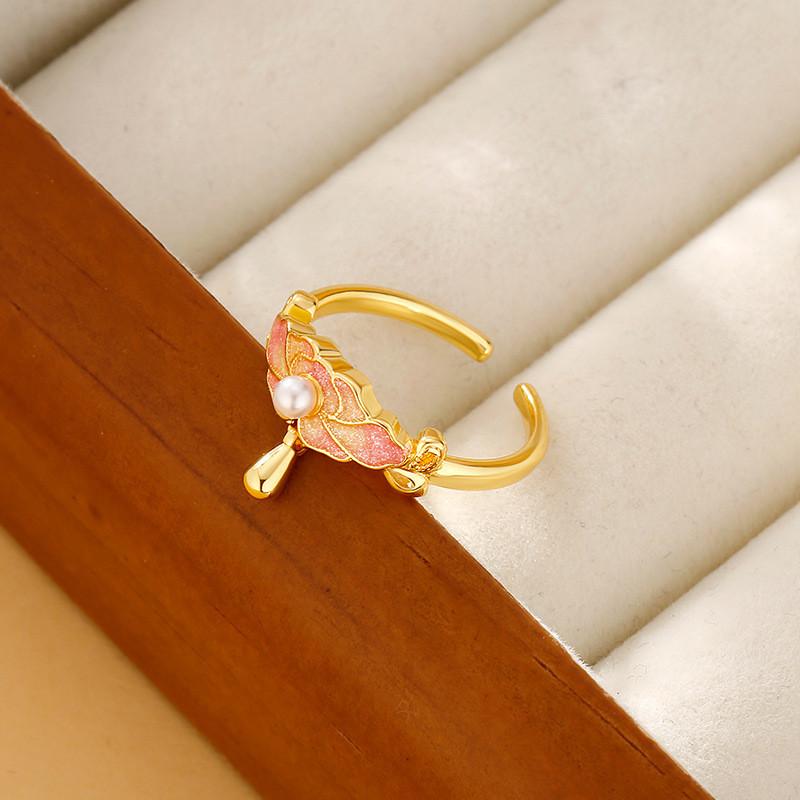 Peony Pink Fashionable Copper Ring Vintage Style Adjustable Open Floral Jewelry