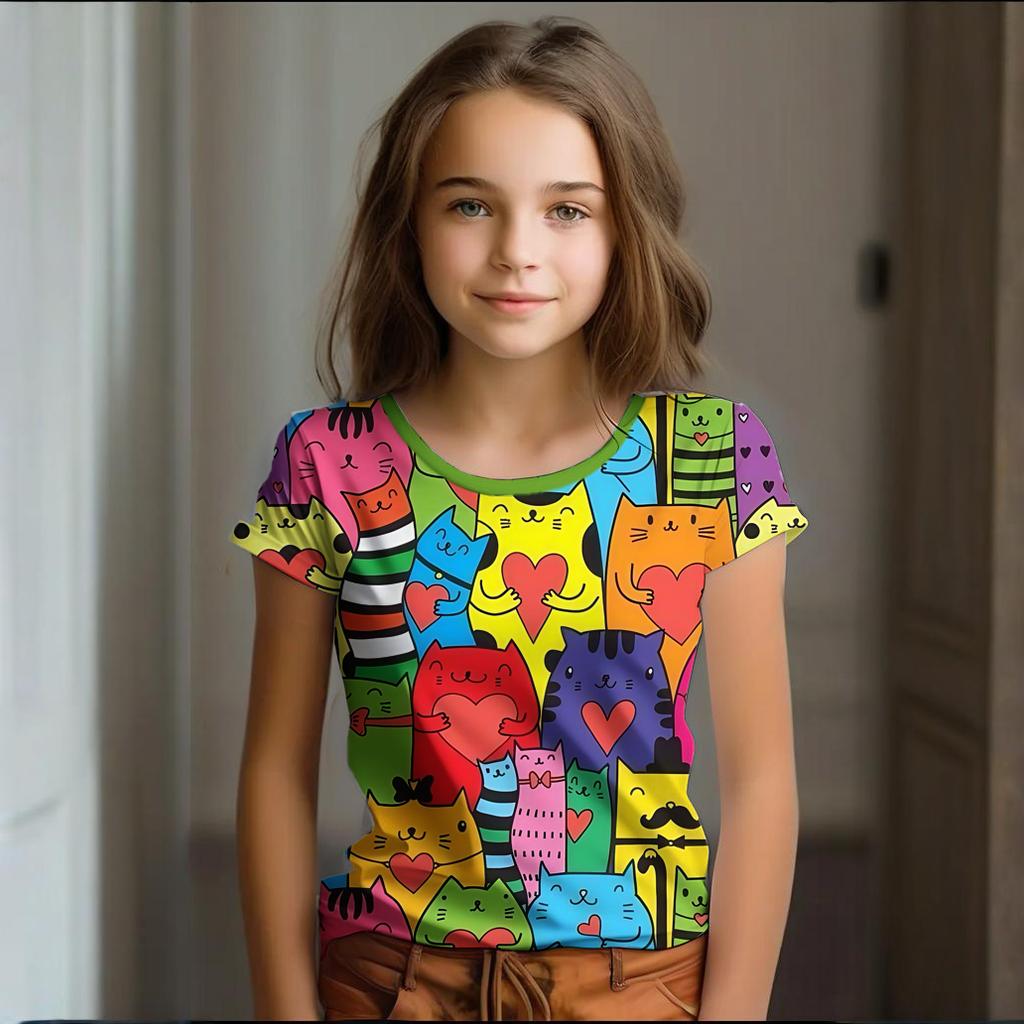 Girl Clothes Summer Cartoon Cat Graphic Children's Clothing Kids Art Doodling Short Sleeve T Shirt Causal O-Neck Children Top