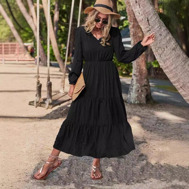 Fall Winter Spring Style Lantern Sleeve Patchwork Women's Dress