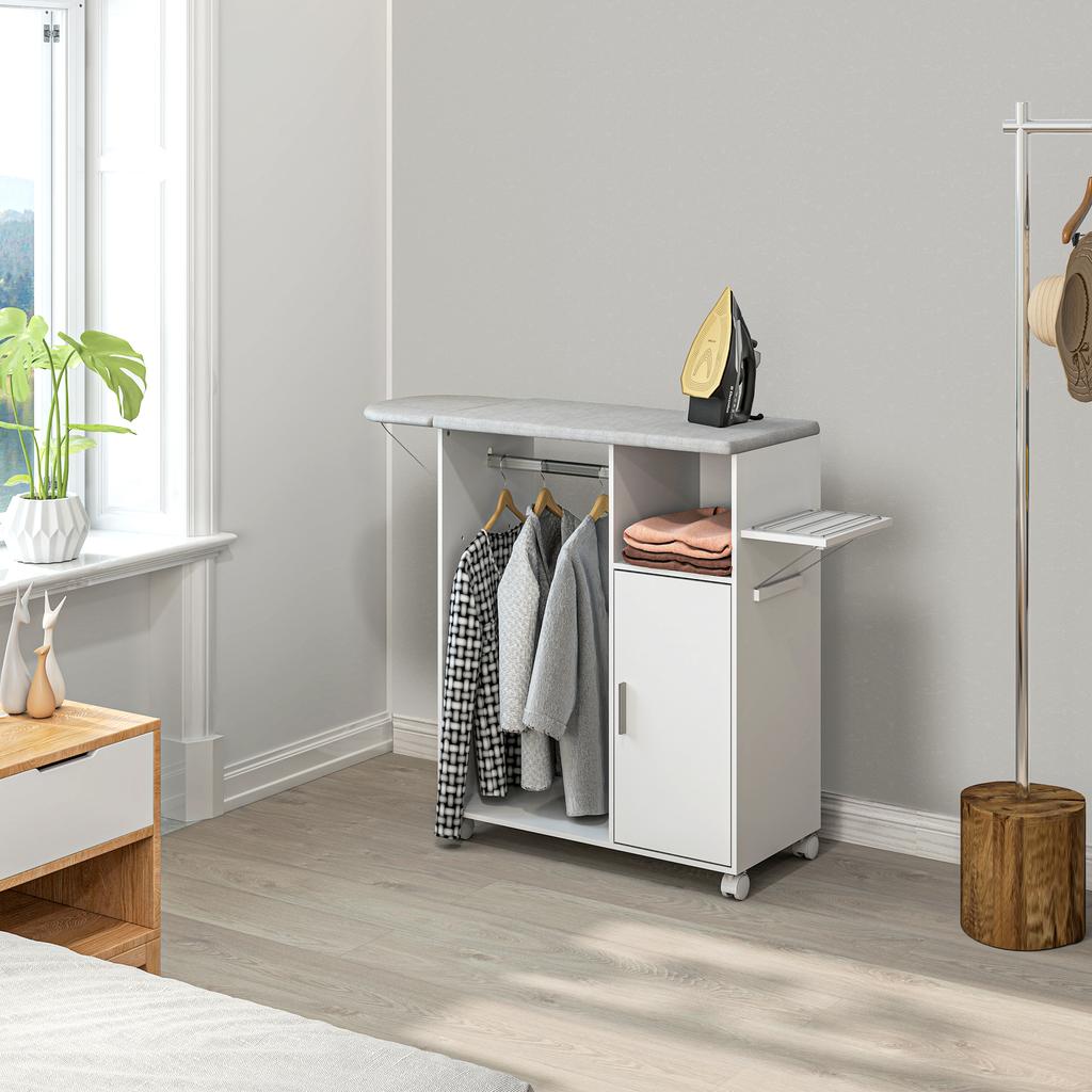 Rollbares Bügelbrettschrank, Klappbare Bügelstation mit Stauraum, Räder für Zuhause, Waschküche, Weiß