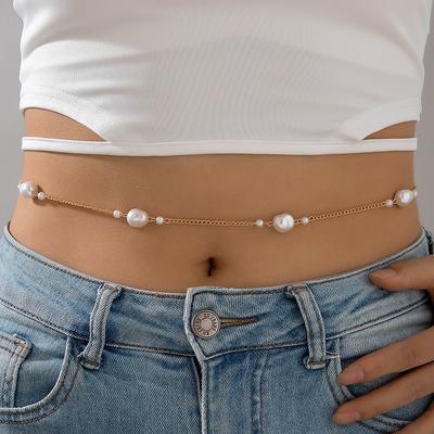 New, Sexy and Elegant Wind Irregular Pearl Waist Chain Women's Trend Geometric Metal Single-layer Body Chain Women